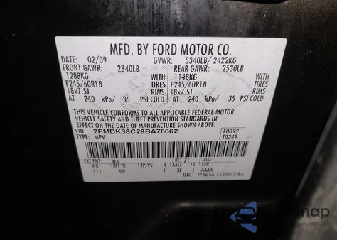 2009 Ford Edge Sel z USA, uszkodzony, nr VIN 2FMDK38C29BA76662